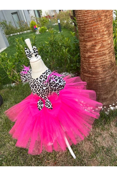 Kız Çocuk Leopar Desenli Tüllü Kabarık Abiye Elbise - 3