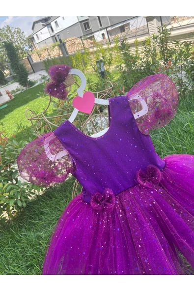 Kız Çocuk Mor Simli Tüllü Kabarık Abiye Elbise - 2
