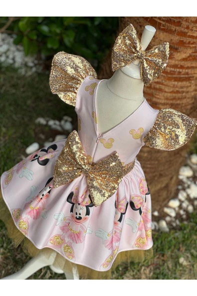 Kız Çocuk Minnie Mouse (miki Mouse) Desenli Gold Payet Detaylı Tüllü Elbise - 2