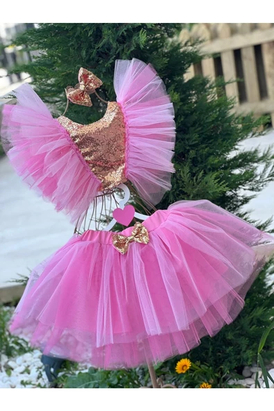 Kız Çocuk Pembe Gold Payet Detaylı Tütü Etek Bluz Takım - 2