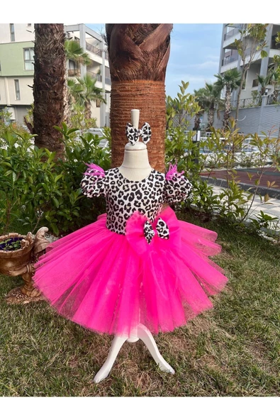 Kız Çocuk Leopar Desenli Tüllü Kabarık Abiye Elbise - 6