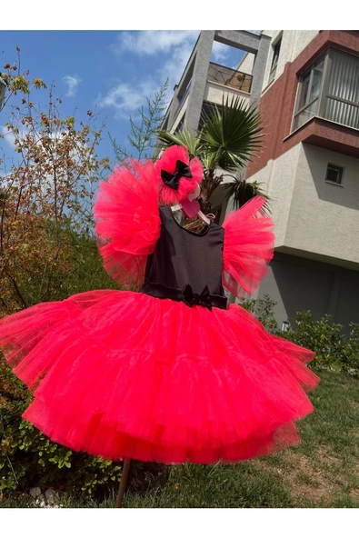 Kız Çocuk Neon Pembe Siyah Tüllü Kabarık Abiye Elbise - 2