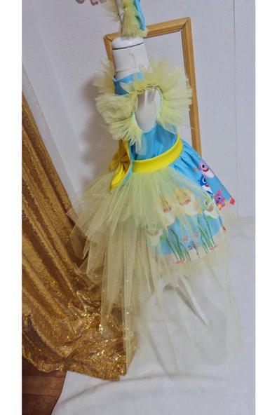 Kız Çocuk Baby Shark Desenli Kabarık Kuyruklu Elbise - 2