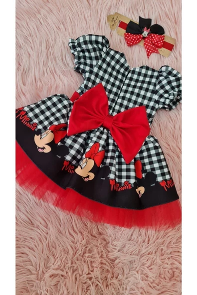Kareli Mickey Mouse Baskılı Kırmızı Tüllü Kabarık Elbise - 2