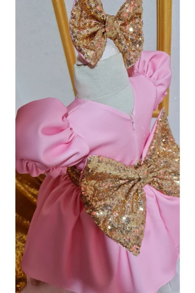 Kız Çocuk Pembe Tüllü Kabarık Gold Payet Detaylı Abiye Elbise - 2