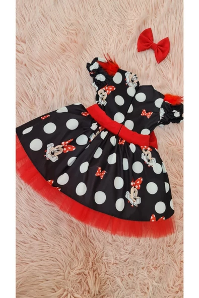 Kız Çocuk Mickey Mouse Desenli Kırmızı Tüllü Kabarık Tasarım Elbise - 2