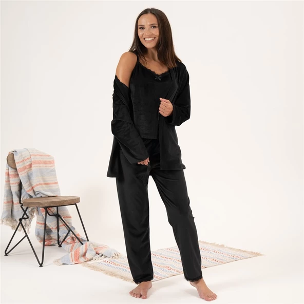 Estiva 3'lü İp Askılı Sabahlıklı Kadife Bayan Pijama Takım - 2