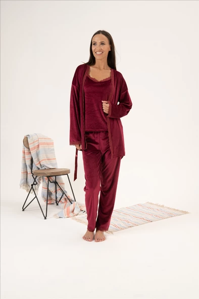 Estiva 3'lü İp Askılı Sabahlıklı Kadife Bayan Pijama Takım - 11