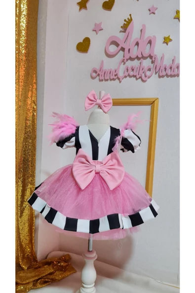 Kız Çocuk Siyah Beyaz Çizgili Minnie Miki Mouse Detaylı Tüllü Kabarık Elbise - 5