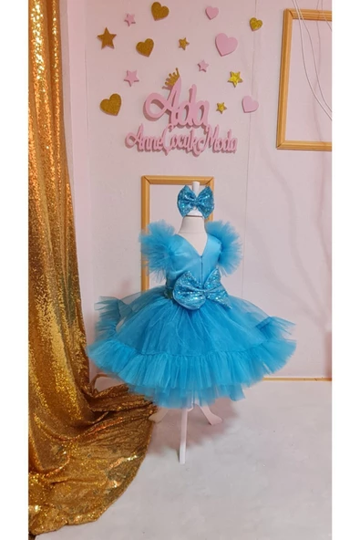 Kız Çocuk Mavi Tüllü Kabarık Payet Detaylı Tasarım Elbise - 4