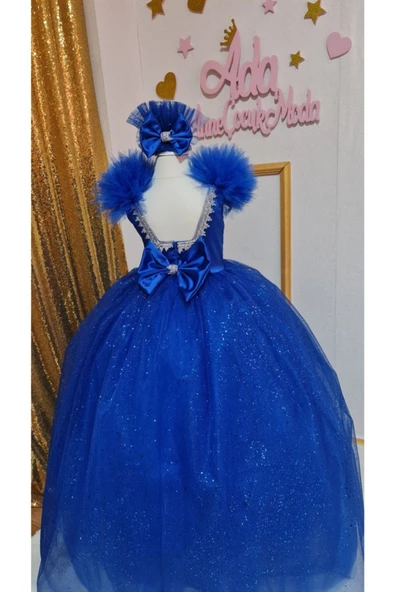 Kız Çocuk Saks Mavisi Tüllü Kabarık Özel Tasarım Prenses Elbisesi - 2