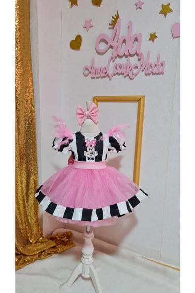 Kız Çocuk Siyah Beyaz Çizgili Minnie Miki Mouse Detaylı Tüllü Kabarık Elbise - 2