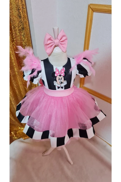 Kız Çocuk Siyah Beyaz Çizgili Minnie Miki Mouse Detaylı Tüllü Kabarık Elbise - 4
