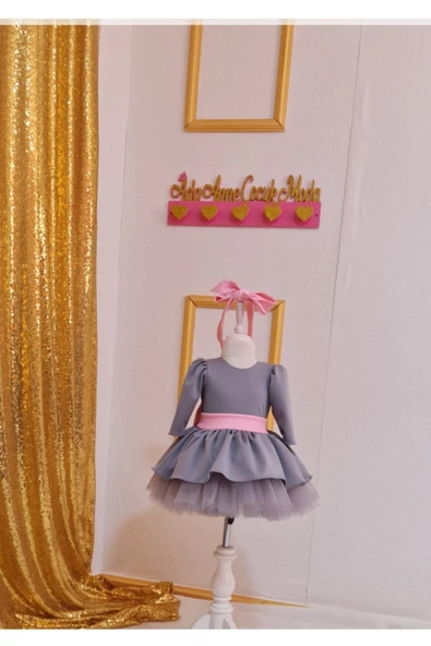 Kız Çocuk Gri, Pembe Detaylı Tüllü Elbise - 2