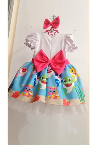 Kız Çocuk Mavi Baby Shark Kabarık Tüllü Elbise
