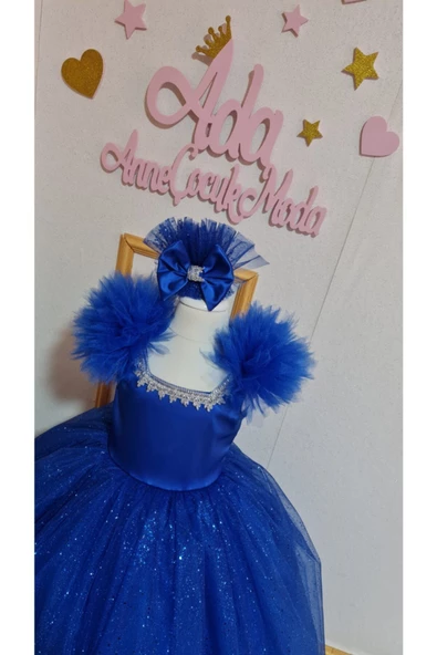 Kız Çocuk Saks Mavisi Tüllü Kabarık Özel Tasarım Prenses Elbisesi - 4