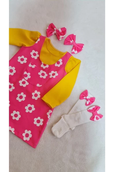 Kız Çocuk Fuşya Üzeri Beyaz Çicekli Niloya Elbise Bluz Toka Çorap Set - 2