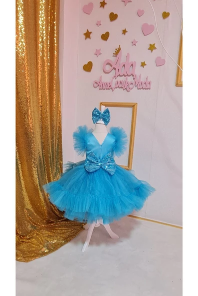 Kız Çocuk Mavi Tüllü Kabarık Payet Detaylı Tasarım Elbise - 2