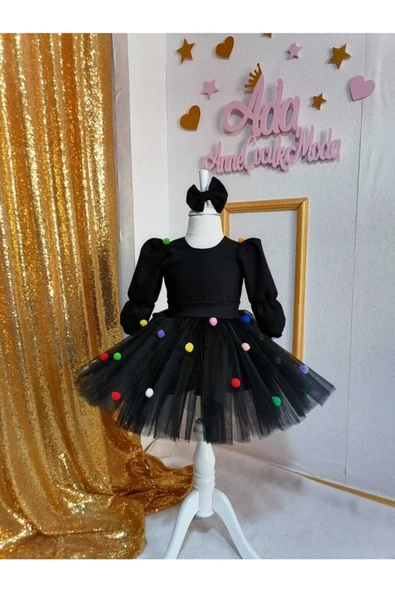 Siyah Tüllü Kabarık Renkli Ponponlu Abiye Elbise - 3