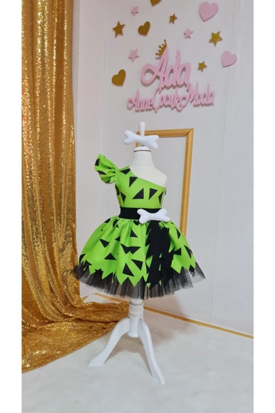 Kız Çocuk Yeşil Çakıl Çakmaktaş Taşdevri Kostüm Elbise - 2