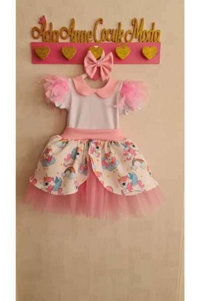 My Little Pony Unicorn Desenli Kabarık Bebe Yaka Elbise - 5