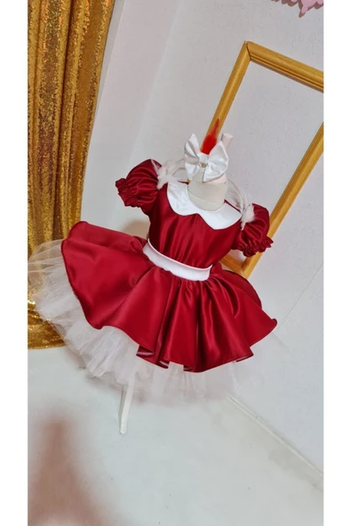 Kız Çocuk Kabarık Tüllü Kırmızı Yılbaşı Konsept Elbise
