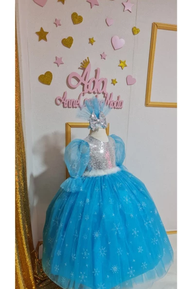 Kız Çocuk Özel Tasarım Elsa Karlar Kraliçesi Prenses Elbise - 8