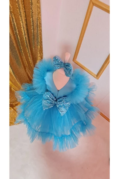 Kız Çocuk Mavi Tüllü Kabarık Payet Detaylı Tasarım Elbise - 3