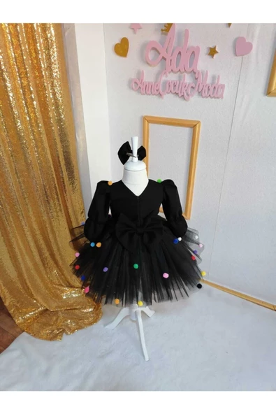 Siyah Tüllü Kabarık Renkli Ponponlu Abiye Elbise - 2