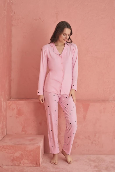 ELİZ 1203-13 BAYAN BAMBOO PEMBE DÜĞMELİ PİJAMA TAKIMI - 4