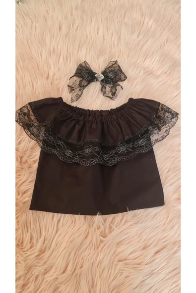 Kız Çocuk Siyah Beyaz Dantel Detaylı Bluz Set - 4