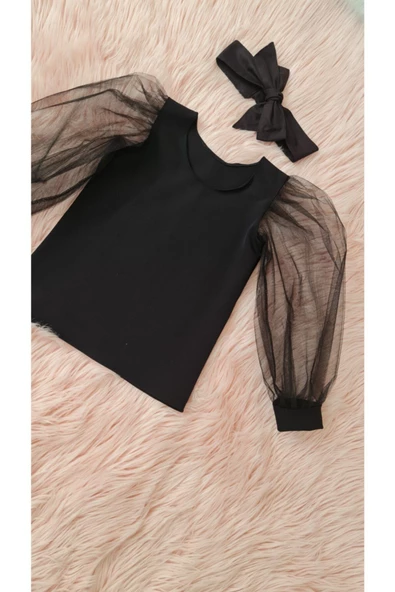 Kız Çocuk Kolları Tüllü Siyah Bluz - 2