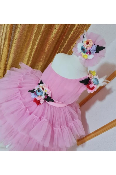 Pembe Tüllü Kabarık Çicek Detaylı Kız Çocuk Abiye Elbise - 4