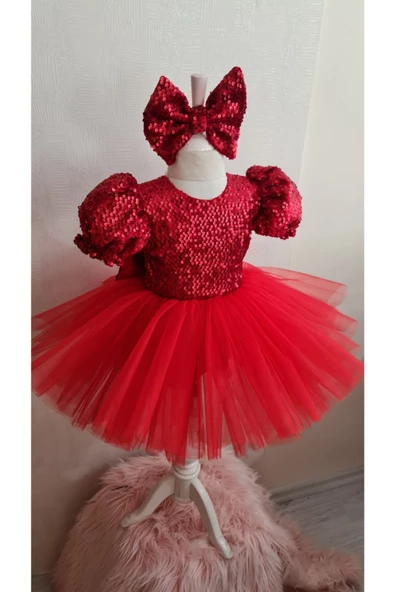 Kırmızı Peyetli Kadife Kabarık Tüllü Elbise - 4