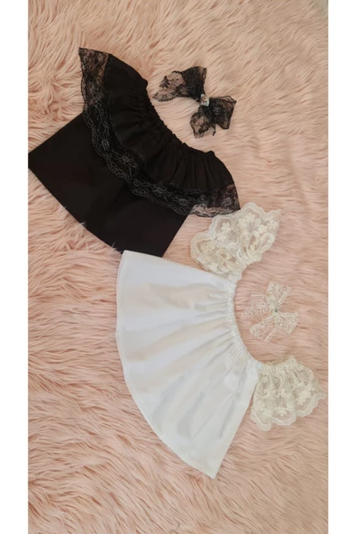 Kız Çocuk Siyah Beyaz Dantel Detaylı Bluz Set - 2