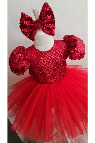 Kırmızı Peyetli Kadife Kabarık Tüllü Elbise - 6