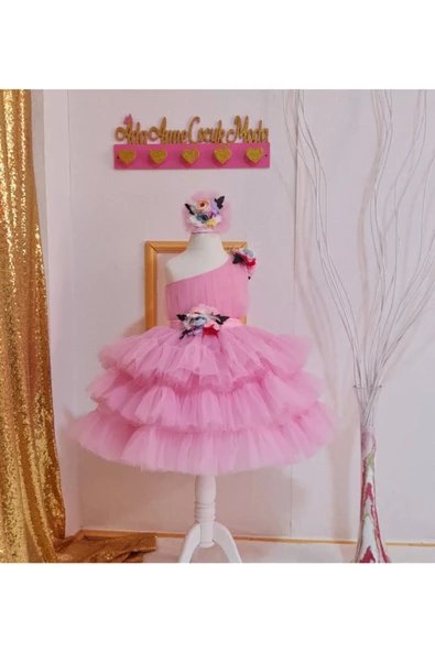Pembe Tüllü Kabarık Çicek Detaylı Kız Çocuk Abiye Elbise - 2