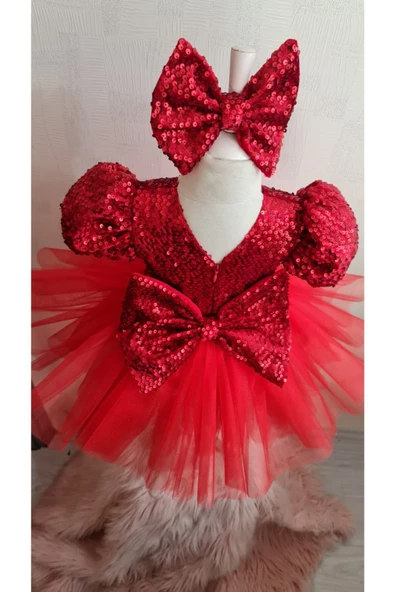 Kırmızı Peyetli Kadife Kabarık Tüllü Elbise - 2