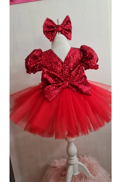 Kırmızı Peyetli Kadife Kabarık Tüllü Elbise - 3