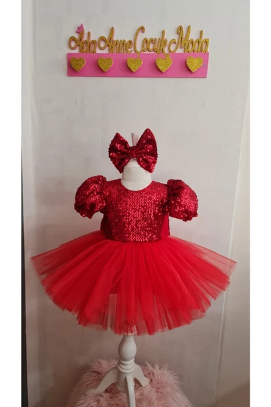 Kırmızı Peyetli Kadife Kabarık Tüllü Elbise - 5