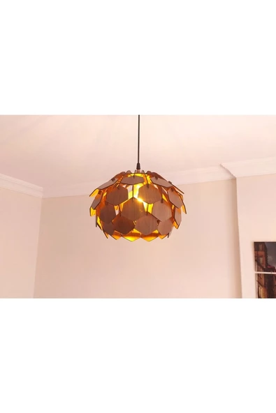 hü ma tasarım ve aksesuarYaprak Modern Tasarım Globe Küre Doğal Ahşap MDF 3D Lazer Kesim Rustik Salon Avize - 1