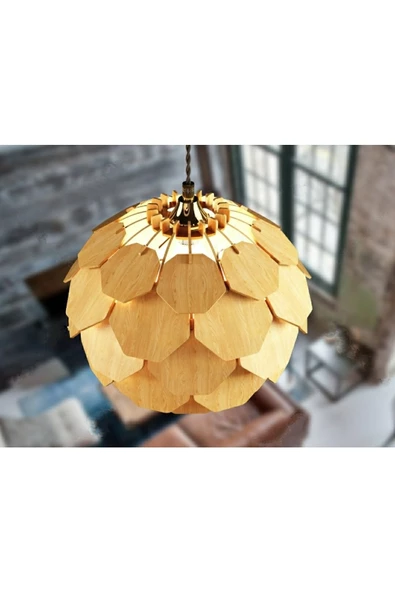 hü ma tasarım ve aksesuarGlobe Küre Doğal Ahşap Mdf 3d Lazer Kesim Rustik Salon Avize - 4