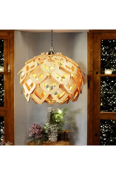 hü ma tasarım ve aksesuarCircle Küre Doğal Ahşap Mdf 3d Lazer Kesim Rustik Salon Avize Modern Aydınlatma