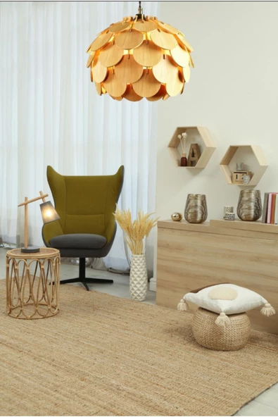 hü ma tasarım ve aksesuarCircle Küre Doğal Ahşap Mdf 3d Lazer Kesim Rustik Salon Avize Modern Aydınlatma - 3