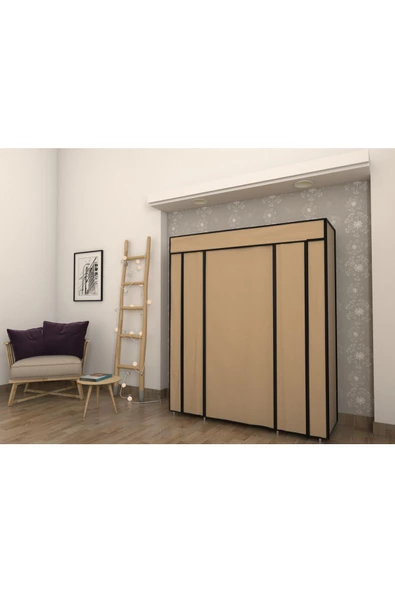 Burak Plastik Profilli Çift Yandan Raflı Bej Bez Dolap Gardrop - 2
