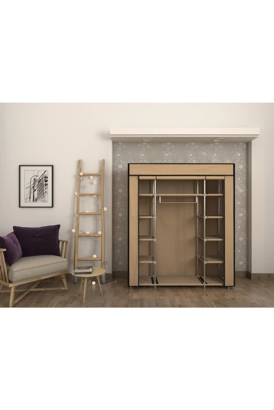 Burak Plastik Profilli Çift Yandan Raflı Bej Bez Dolap Gardrop - 3