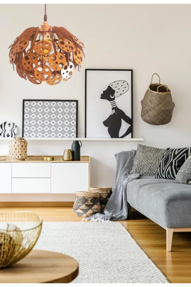 hü ma tasarım ve aksesuarCircle Modern Aydınlatma Tasarım Globe Küre Doğal Ahşap Mdf 3d Lazer Kesim Rustik Salon Avize Aplik - 3