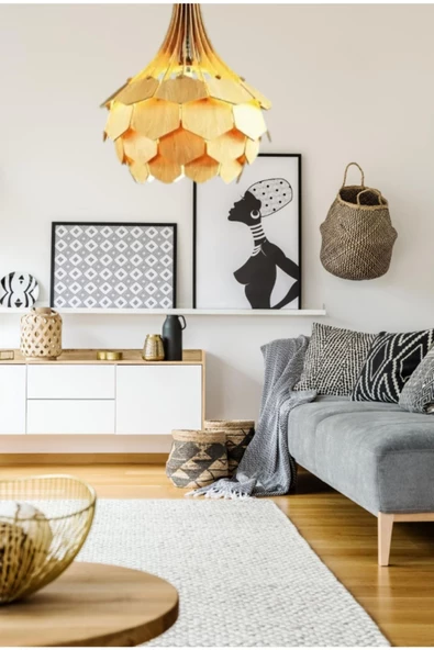 hü ma tasarım ve aksesuarPalmiye Modern Aydınlatma Tasarım Globe Küre Doğal Ahşap Mdf 3d Lazer Kesim Rustik Salon Avize - 3