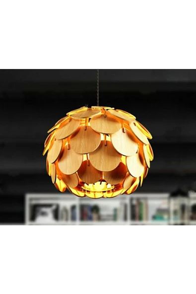 hü ma tasarım ve aksesuarGlobe Küre Doğal Ahşap Mdf 3d Lazer Kesim Rustik Salon Avize - 2