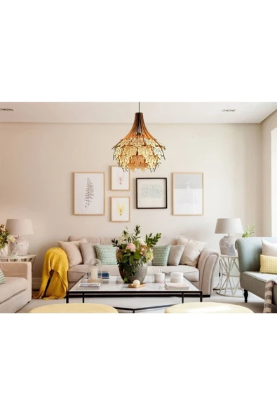 hü ma tasarım ve aksesuarÇınar Yağrağı Modern Tasarım Globe Küre Doğal Ahşap Mdf 3d Lazer Kesim Rustik Salon Avize - 3